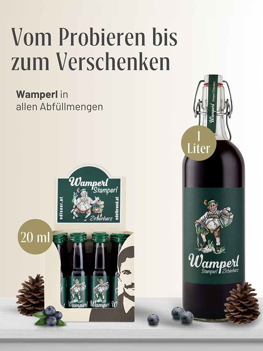 Hödl Hof Wamperl Stamperl Zirbenherz Likör | Vol. 25% | 24x0,02l Mini Box